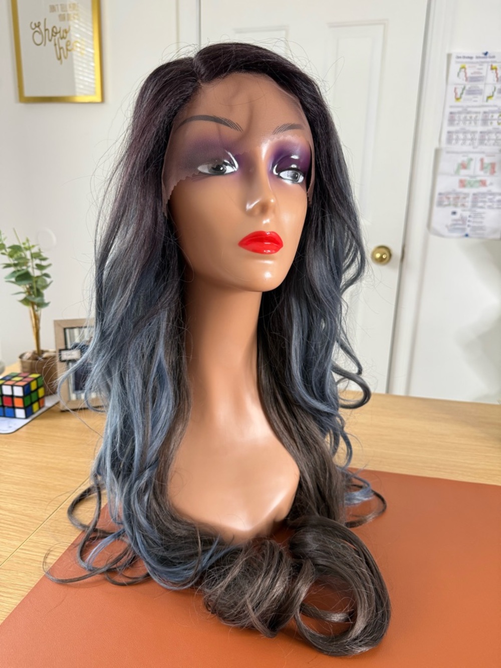 Lace Front Ombre Wavy Wig - Dark Brown to Slate Blue